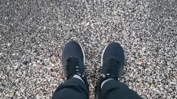 海滩上的黑色运动鞋。海浪几乎波及到海滩上的黑色运动鞋。在海滨穿着运动鞋的男人的腿 — 图库视频影像
