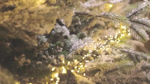 Weihnachtsbaum aus nächster Nähe. Großaufnahme von Dekorationen am Weihnachtsbaum. Stilvoller Weihnachtsbaum — Stockvideo