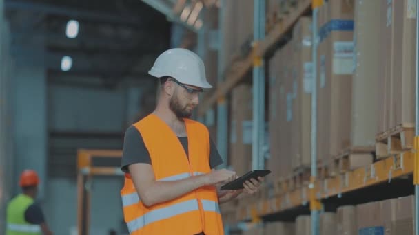 Un gerente con una tableta en un almacén revisa las mercancías. Gerente de almacén de una gran fábrica. — Vídeo de stock