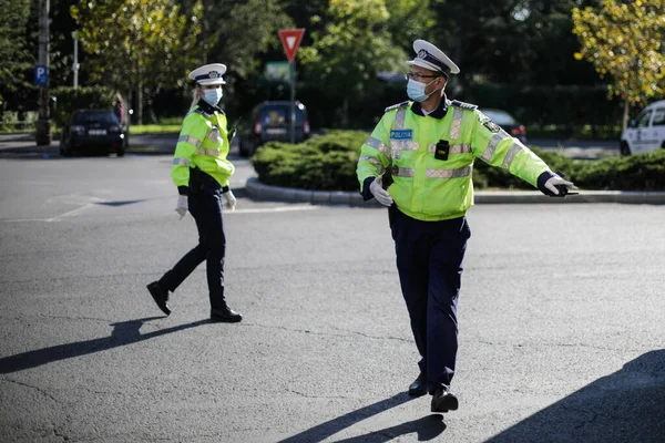 Bucharest Romania October 2020 Police Officer Pulls Cars Traffic Check — Stock Photo, Image