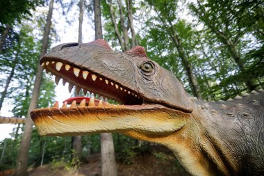 Rasnov, Romanya - 3 Ekim 2020: Romanya 'daki bir açık hava dino parkında bir dinozor modeliyle ilgili ayrıntılar.