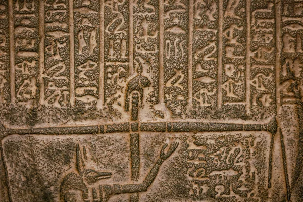 场深度较浅 选择性焦点 并在历史复制品上用埃及象形文字近距离拍摄图像 — 图库照片