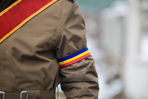 Profundidade Campo Rasa Foco Seletivo Com Uniforme Soldado Romeno Durante — Fotografia de Stock