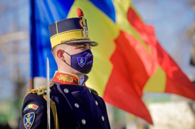 Bükreş, Romanya - 24 Ocak 2021: 30. Cesur Muhafız Tugayı askeri Michael.