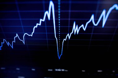 Bir bilgisayar ekranındaki Covid-19 pandemisi (S & P500 endeksi) nedeniyle Mart 2020 'den itibaren borsa çöküşünü gösteren grafiğin detaylarıyla sığ alan derinliği (seçici odak))