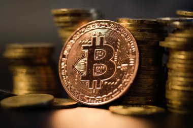 Diğer metal paraların yanında Bitcoin metal para ile sığ alan derinliği (seçici odak) resmi - kripto para kavramı.