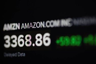 Bükreş, Romanya - 24 Nisan 2021: Sığ alan derinliği (seçici odak) ve dijital ekranda Amazon alıntılarıyla makro görüntü.