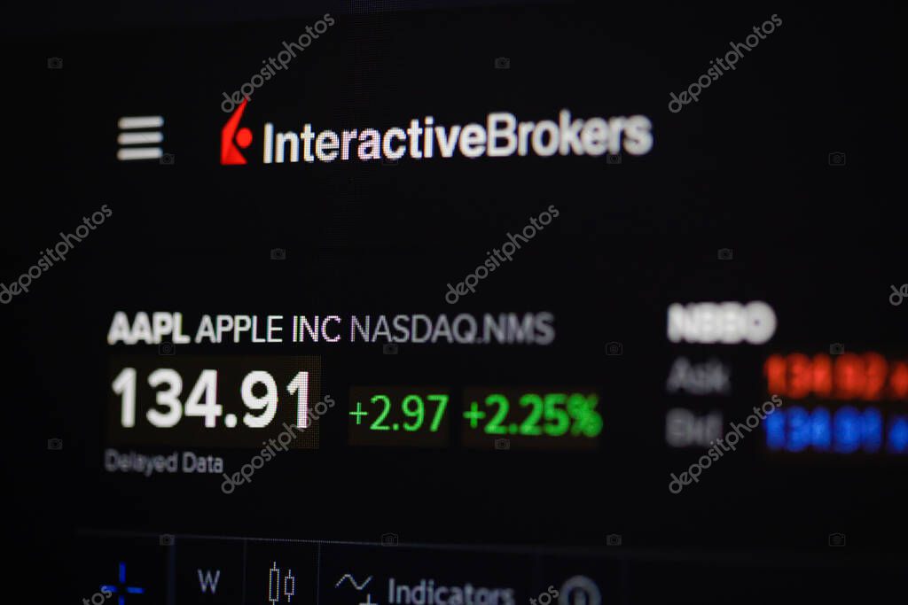 Bucharest, Romania - April 24, 2021: Shallow depth of field (selective focus) and macro image with Interactive Brokers app on a digital screen.