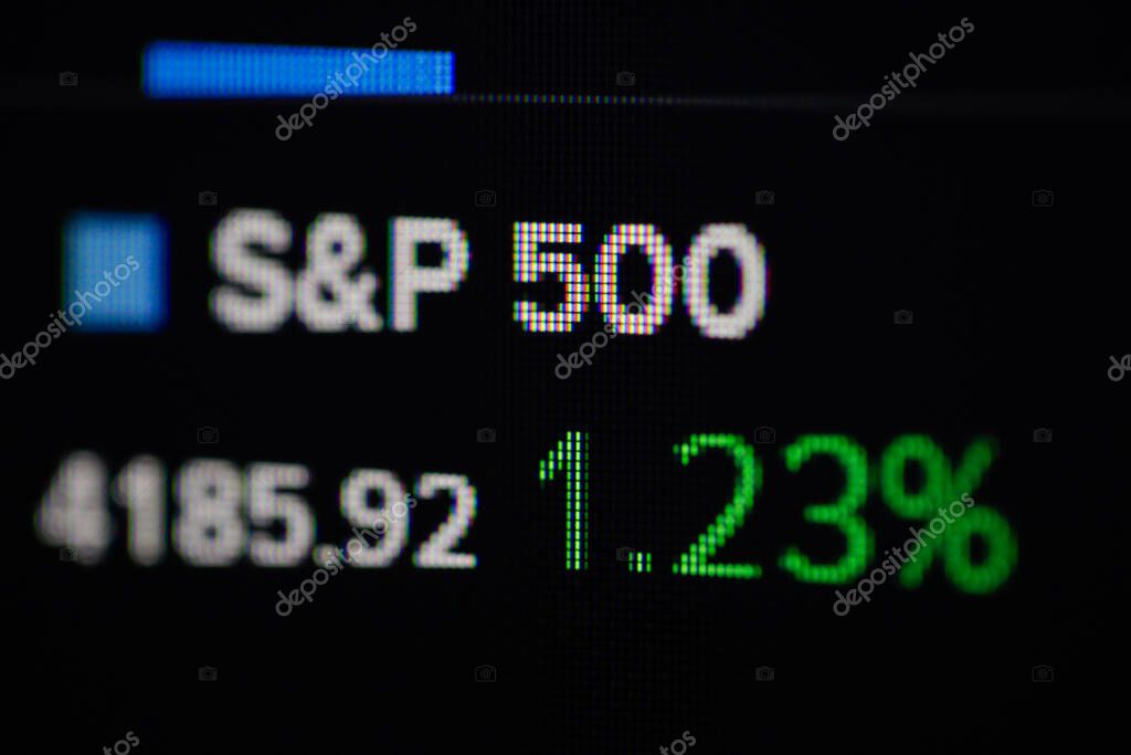 Bucharest, Romania - April 24, 2021: Shallow depth of field (selective focus) and macro image with S&P00 quotation on a digital screen.