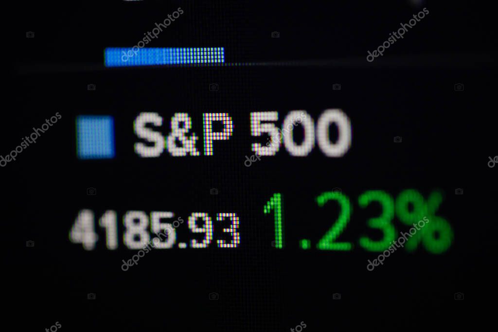 Bucharest, Romania - April 24, 2021: Shallow depth of field (selective focus) and macro image with S&P00 quotation on a digital screen.