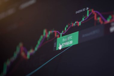 Şifreli takas uygulamasında, dijital ekranda Bitcoin kripto fiyat dalgalanmalarının detaylarıyla sığ alan görüntülerinin derinliği.