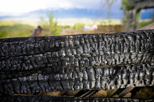 Shallow Depth Field Selective Focus Details Burned Wood Burnt House — Stock Photo, Image