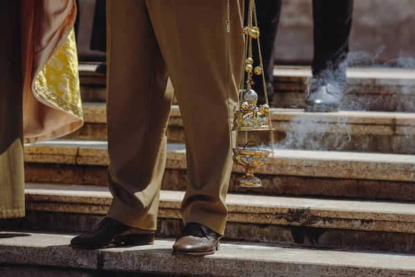 Ondiepe Scherptediepte Selectieve Focus Details Met Roemeense Legerpriesters Tijdens Een — Stockfoto