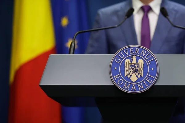 Bucharest Romania August 2021 Details Romanian Government Logo Press Conference — Stock Photo, Image