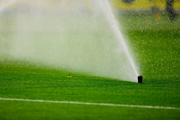 Rincian Dengan Alat Penyiram Rumput Lapangan Stadion Sepak Bola — Stok Foto