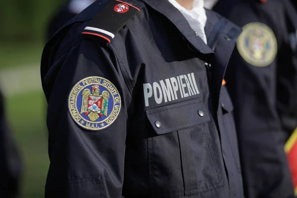 Bucareste Romênia Setembro 2021 Detalhes Com Uniforme Insígnia Bombeiro Romeno — Fotografia de Stock