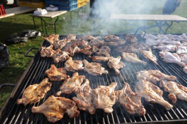 Güneşli bir günde açık havada metal bir barbeküde tavuk butlarıyla sığ alan derinliği (seçici odak) ayrıntıları.