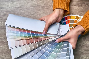Renk tonunu seçmek için renk çarkı. Renkleri seçmek için paletle çalışan kadın iç mimar elleri. Yaratıcı süreç konsepti. Renklerle eşleşen seçenekler karşılaştırılıyor.
