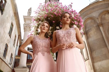 Pembe elbiseli iki Avrupalı nedimenin düşük açılı görüntüsü