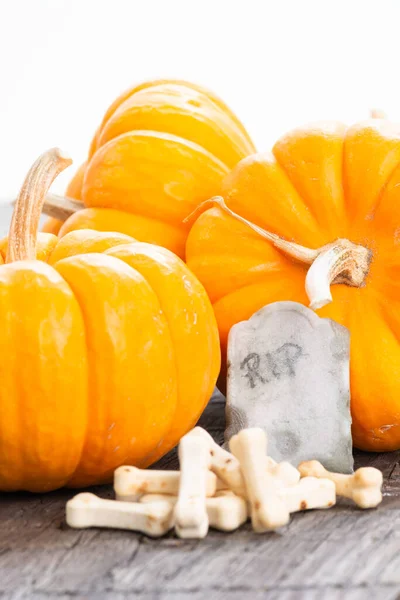 Halloween Concept Mini Pumpkins Tombstone Bones Candy — Stock Photo, Image