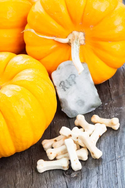 Halloween Concept Pumpkins Tombstone Bones Candy Top View — Stock Photo, Image