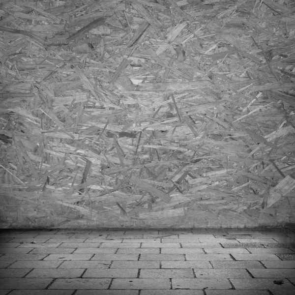 Old board wall texture and tiled floor as grunge background — Stock Photo, Image