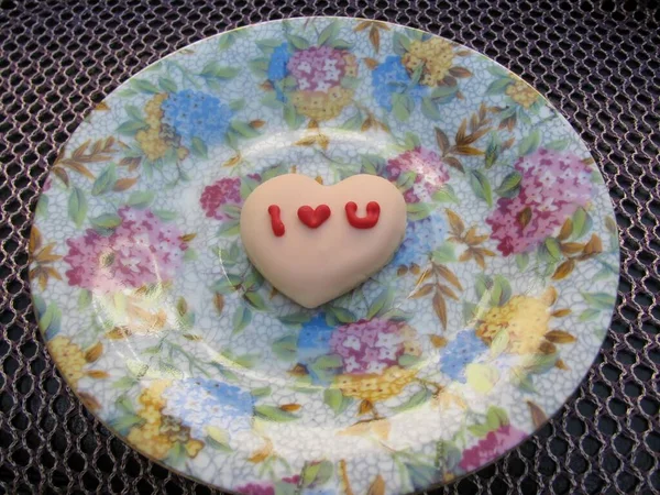 Love You Text Written Heart Shaped Cookie Laying Beautiful Saucer Stock Image