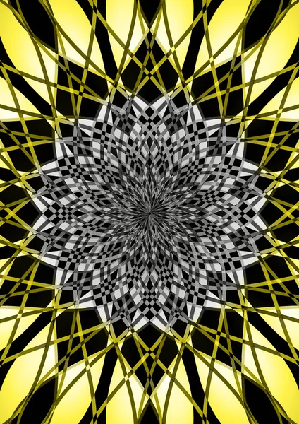 Fraktální vzorek černé, bílé a žluté křivek, z centra — Stock fotografie