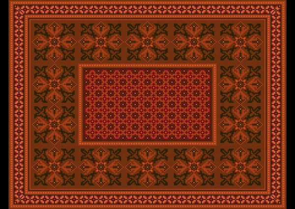 边境上装饰着少数民族饰物和橙色花朵图案的豪华的梯形地毯 中心上有一个花纹斑斑的田野 — 图库矢量图片