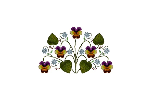 Minták Finom Gallycsokor Hímzéséhez Lila Narancssárga Szirmokkal Kék Virágokkal Fehér — Stock Fotó