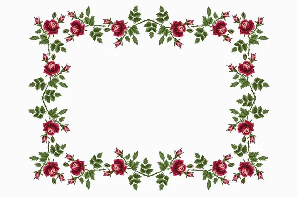 3D Pattern for embroidery frame for tablecloth made of twigs with red-pink roses,buds and leaves on a white backgroun