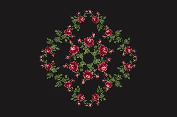 Pattern Embroidery Rhomboid Frame Borders Roses Red Pink Petals Branch — Stock Photo, Image