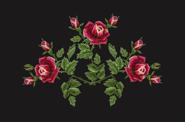 3Dthe Pattern Satin Stitch Embroidery Bouquet Three Roses Red Pink — Stock Photo, Image