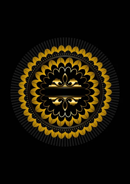 黒を基調とした中央の薄い金色の縞模様の上に丸いビーズと書道パターンを持つ黄金のヴィンテージリブのラウンドフレーム — ストックベクタ
