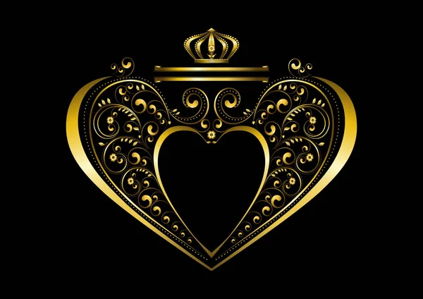金製のハート型のフレームから王冠と書道的に黒の背景にカールの詳細のパターンを持つ公開二重リボン — ストックベクタ