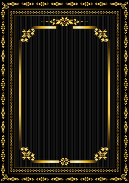 金の枠で縁取られた縁が湾曲したオリジナルの金のリボンフレーム黒の背景に葉を持つ様式化された花の金のパターン — ストックベクタ
