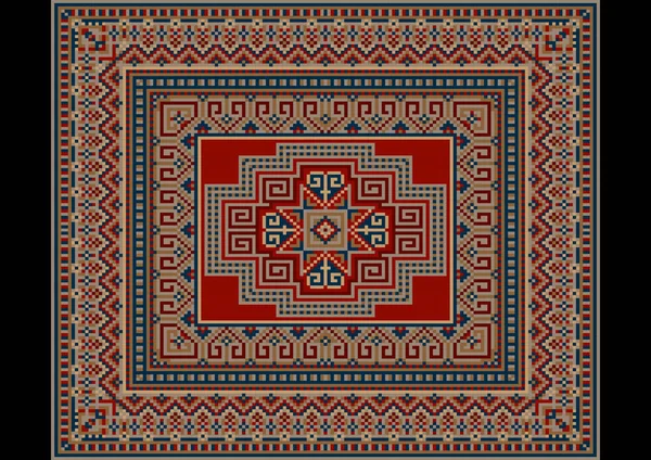 Alfombra Brillante Oriental Lujo Con Patrones Rojos Azules Beige Grises — Vector de stock