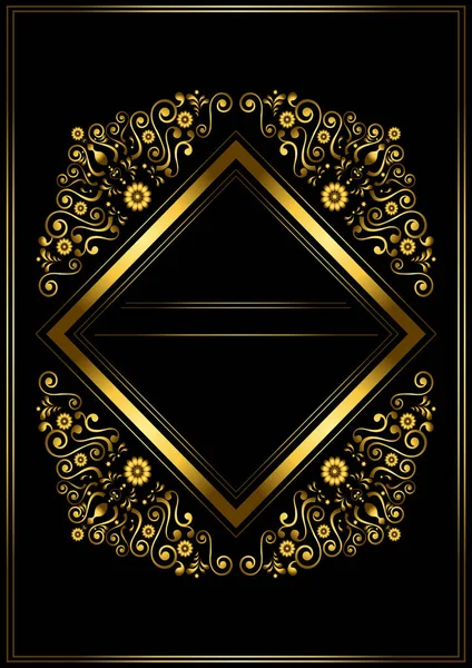 Gold Rhombus Shaped Frame Framed Stylized Calligraphic Swirls Flowers Stars — 스톡 벡터
