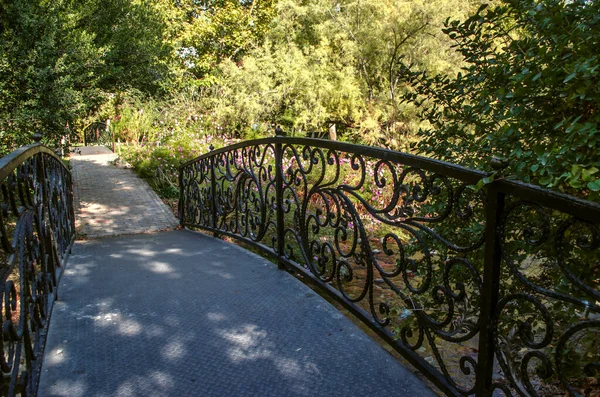 An iron bridge with wrought iron railings stands on an artificial stream in the shade of trees in the Botanical Garden in the suburbs of Tehra