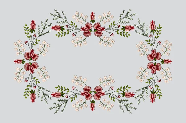 Pattern Frame Embroidery Tablecloth Borders Twigs Rosebuds Delicate White Flowers — Stock Photo, Image