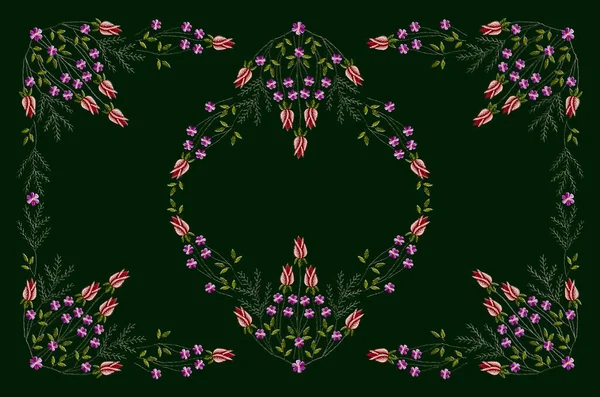 Pattern Embroidery Tablecloth Oval Ornament Center Twigs Red Rosebuds Delicate — Stock Photo, Image