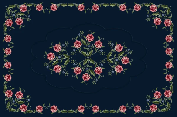 Pattern Embroidery Dark Blue Tablecloth Bouquets Twigs Pink Red Roses — Stock Photo, Image