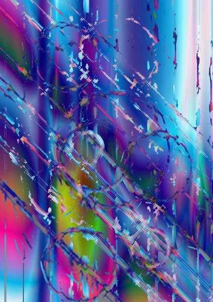Círculos coloridos abstratos e linhas sobre fundo azul iridescente — Fotografia de Stock