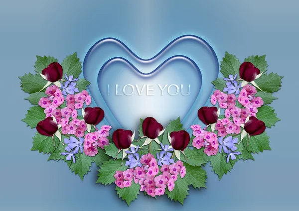 Blue hearts with a wreath of flowers on a blue background — Stock Photo, Image