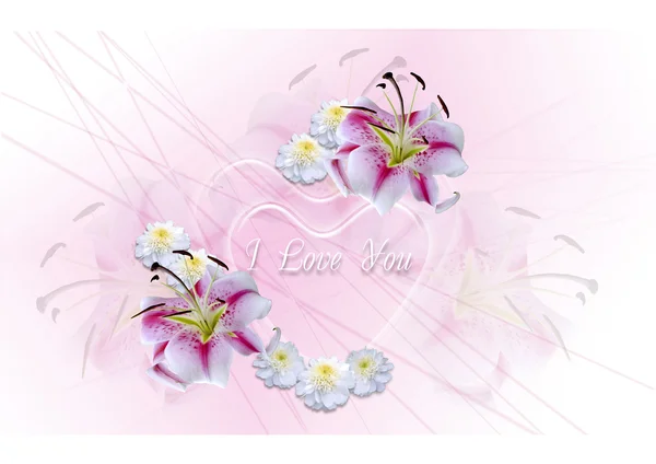 Transparent hearts with white lilies and asters on a pink background — Stock Photo, Image