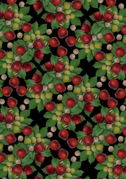 Fondo negro con manzanas rojas y nueces sobre hojas verdes — Foto de Stock