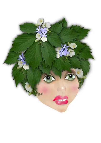 Волосы, собранные из листьев дикого винограда и цветов с лицом девушки — стоковое фото