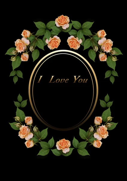 Oval gold frame with orange roses on a black background — Stock Photo, Image
