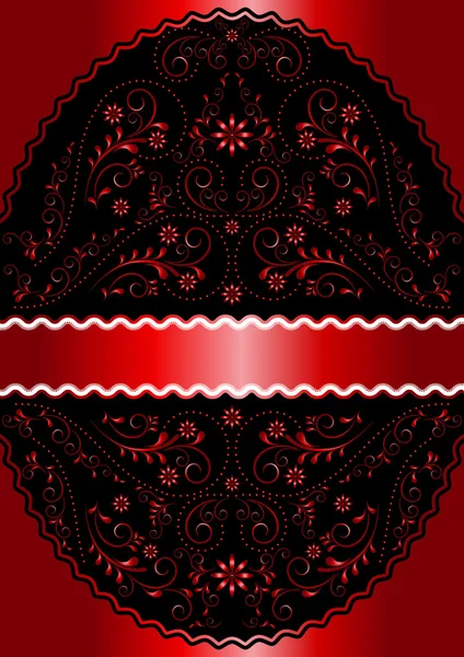 빨간색 물결 모양 비쳐 꽃 타원형 프레임에 새틴 레드 리본 — 스톡 벡터