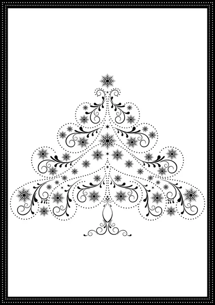 Black tracery Christmas tree with snowflakes and beads — Stock Vector